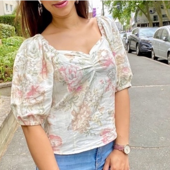 H&M Sweetheart Neckline Linen Blend Dainty Top Floral Puff Sleeves size 6 S/M - Picture 7 of 14